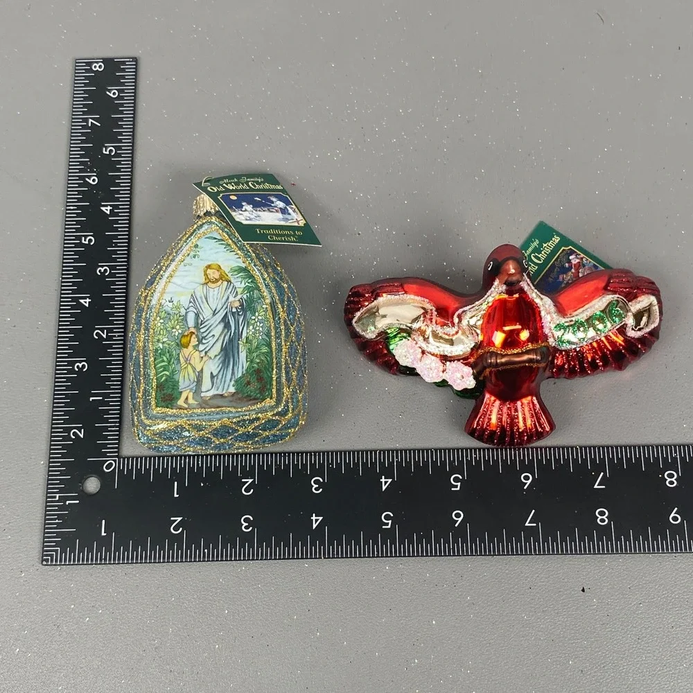 Old World Christmas Glass Holiday Ornaments Jesus Inside Art & Red Cardinal Set